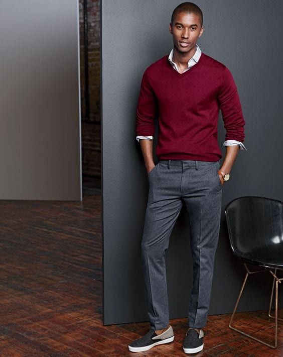 crew sweater with dress shirt black men