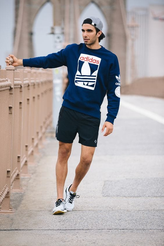 blue sweatshirt with shorts