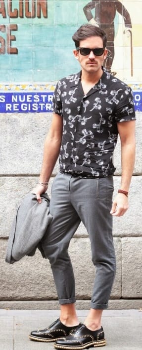 black printed shirt with grey chino