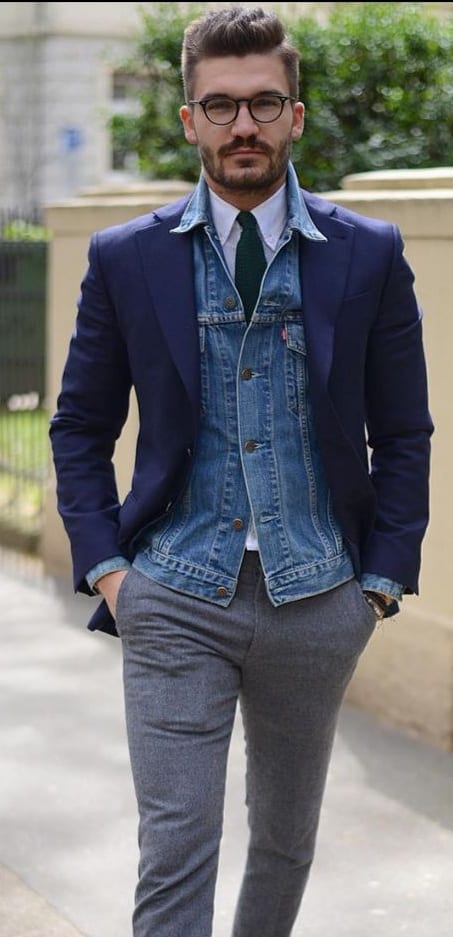 navy blue jacket with denim shirt
