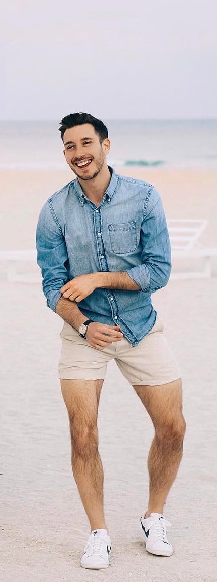 Denim Shirt With Chino Shorts For Men