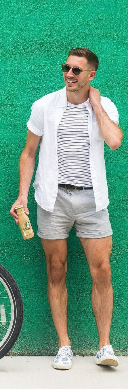 Stripped T-shirt And Shirt Jacket With Shorts For Men