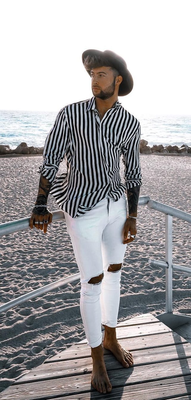 Black- white stripped shirt,white ripped jeans,fedora for Yacht party Black- white stripped shirt,white ripped jeans,fedora for Yacht party