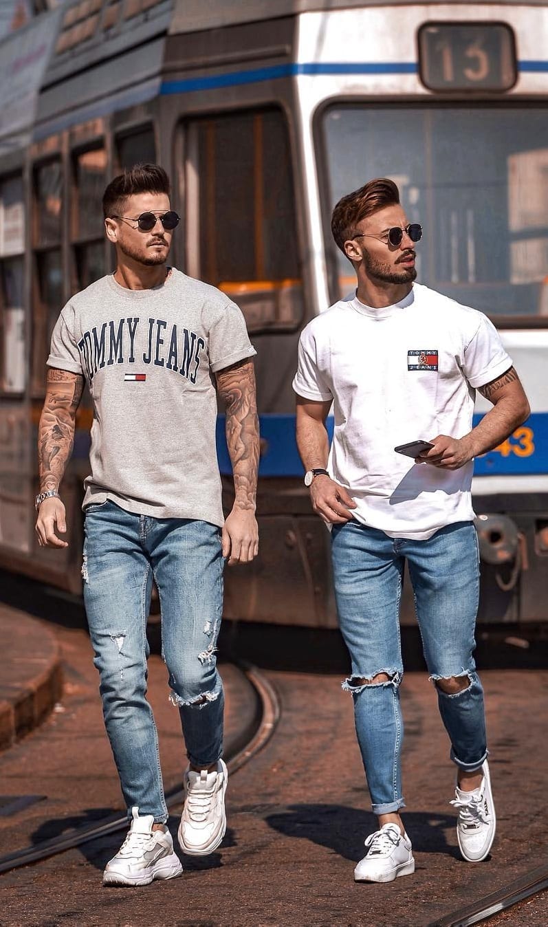 Blue Hole Ripped and Scrape Denim,T-Shirt, Sunglasses