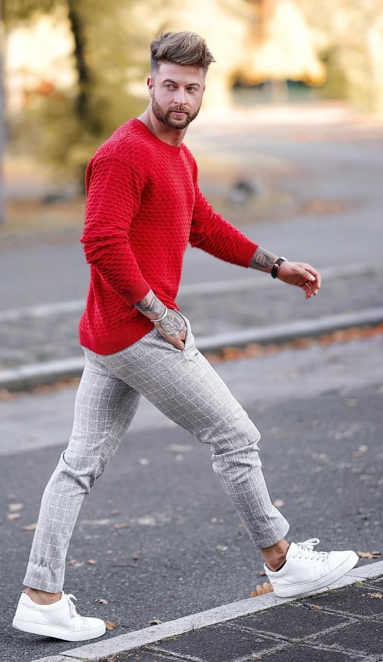 Perfect Grey plaid and red t-shirt outfit