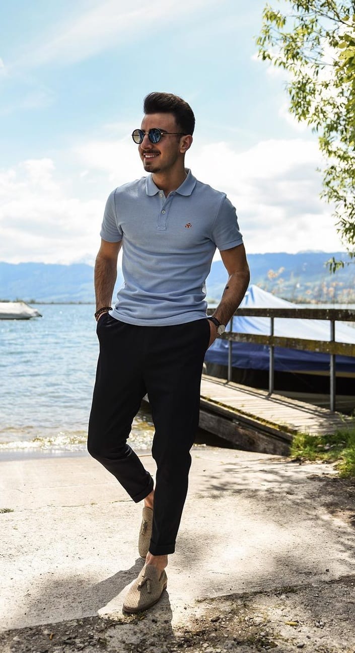 Blue T-shirt,White Chinos for Yacht Party Blue T-shirt,White Chinos for Yacht Party