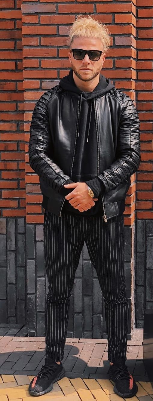 Black Hoodie,Leather Jacket and Leather Pants-Street Style Outfit