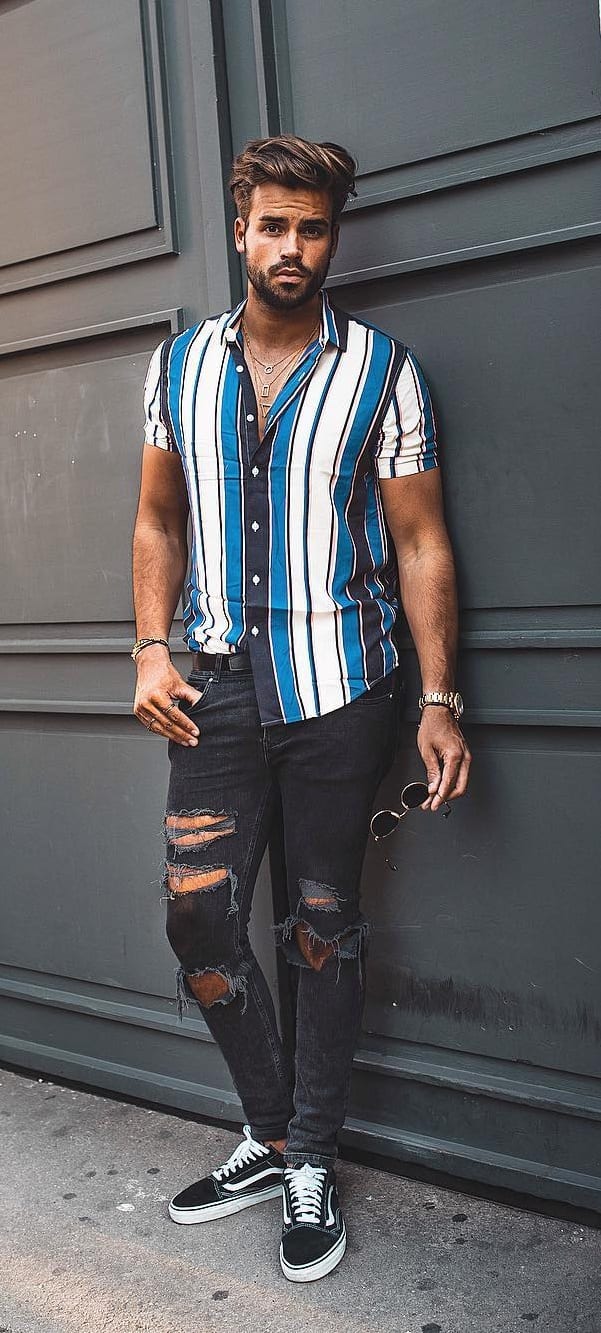 Blue, Black And White Vertical Striped Shirt Outfit
