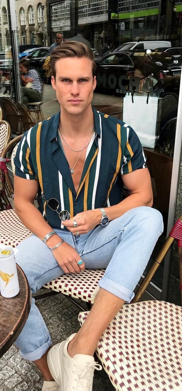 Bottle Green and Yellow Vertical Striped Shirt Outfit