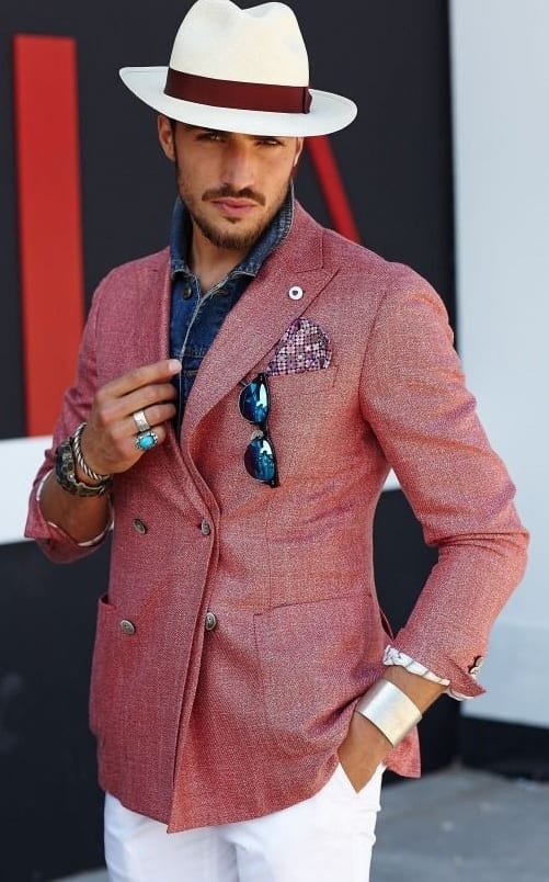 Faux Suit Style-Salmon Pink Blazer,Pocket Square and Fedora Faux Suit Style-Salmon Pink Blazer,Pocket Square and Fedora