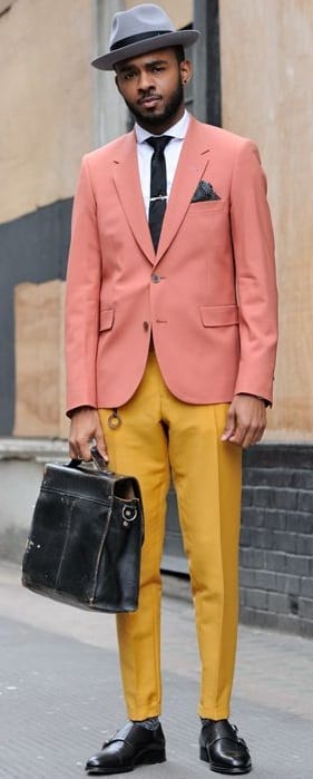 Mustard Yellow Trousers, Peach Blazer, White Shirt and Hat
