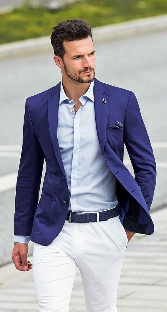 Royal Blue Blazer,Light blue shirt,White pant outfit for men Royal Blue Blazer,Light blue shirt,White pant outfit for men