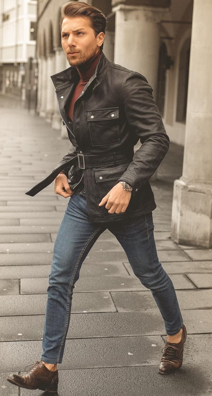 Brown Turtleneck and Leather Jacket Outfit for Fall