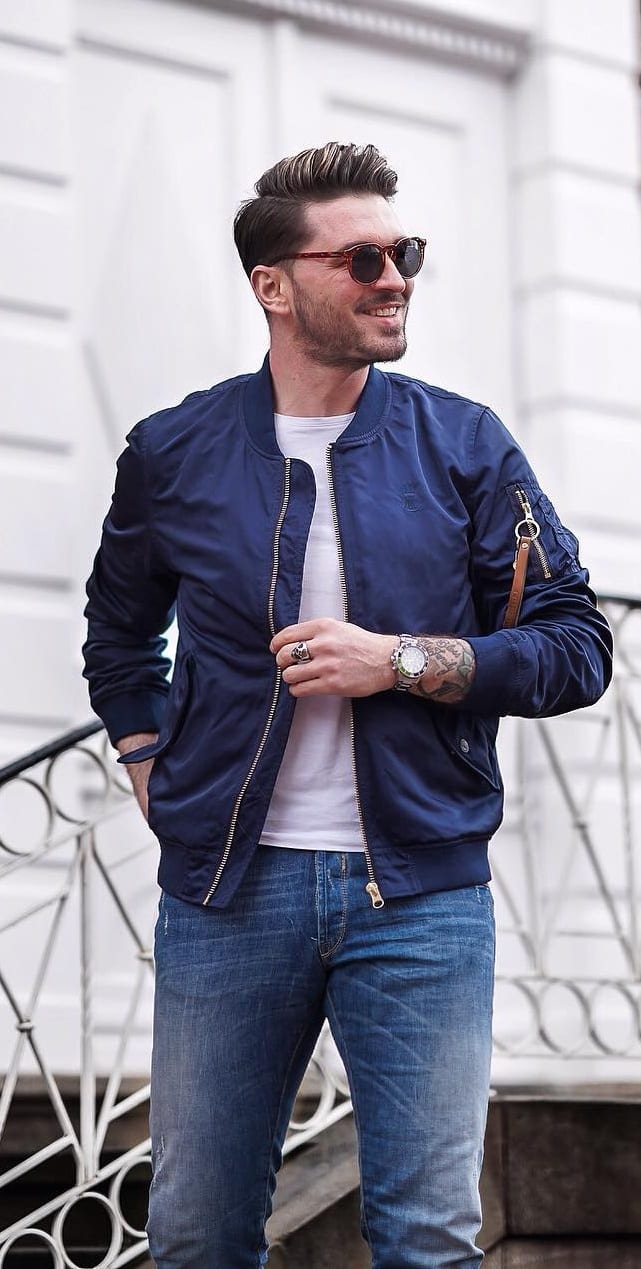 Cobalt Blue Bomber jacket,White T-shirt,Blue Denim Outfit