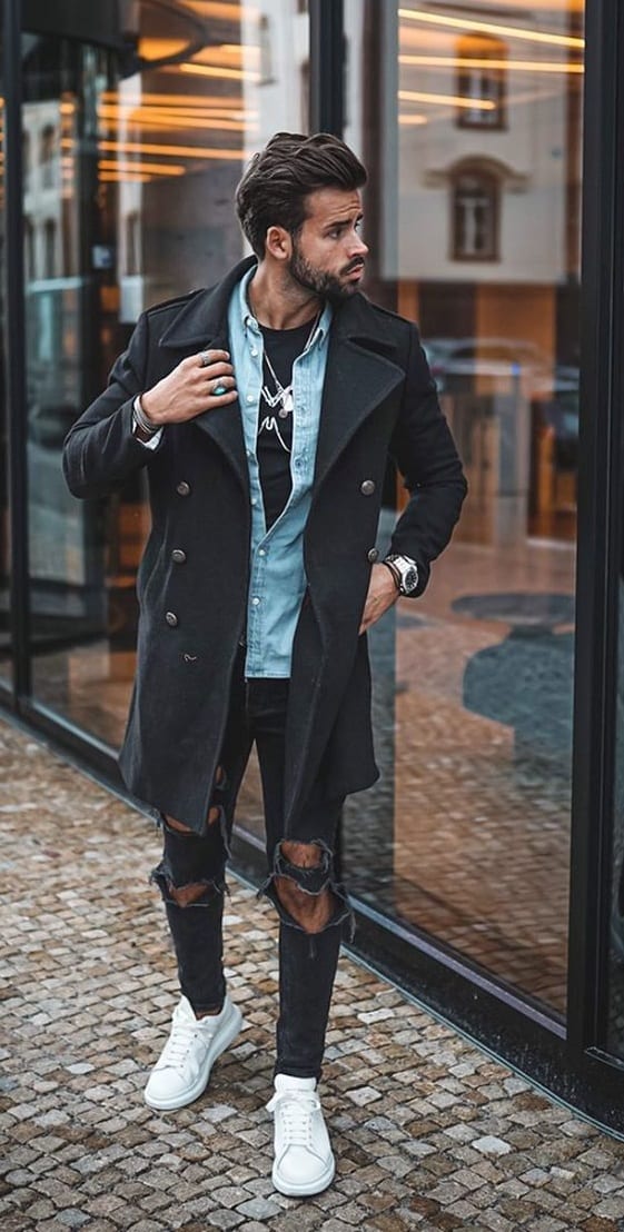 Cool Fall Look for Men -Tshirt, Denim Jacket,Overcoat and Ripped Denim