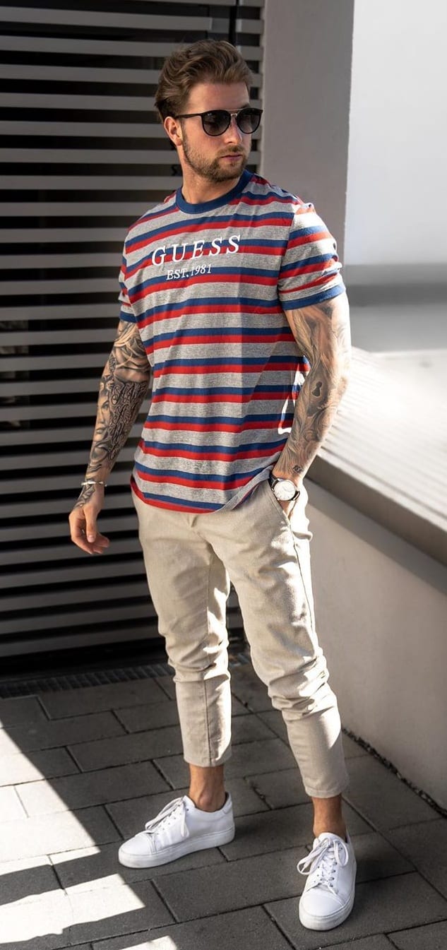 Red-Blue-Striped-T-shirt-Off-white-Trousers-and-Sunglasses-outfit