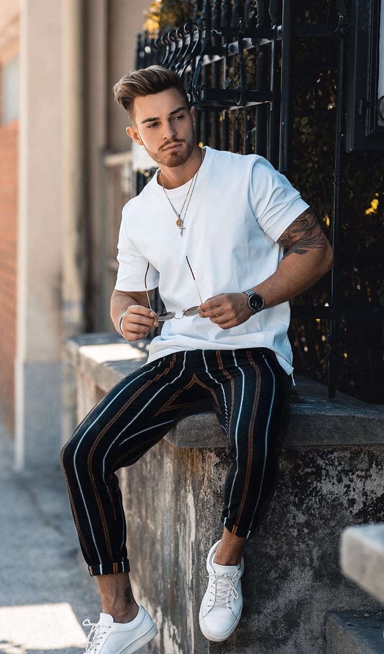 White-t-shirt-and-Striped-Trouser-Outfit