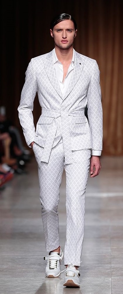 White undershirt with white birds eye suit