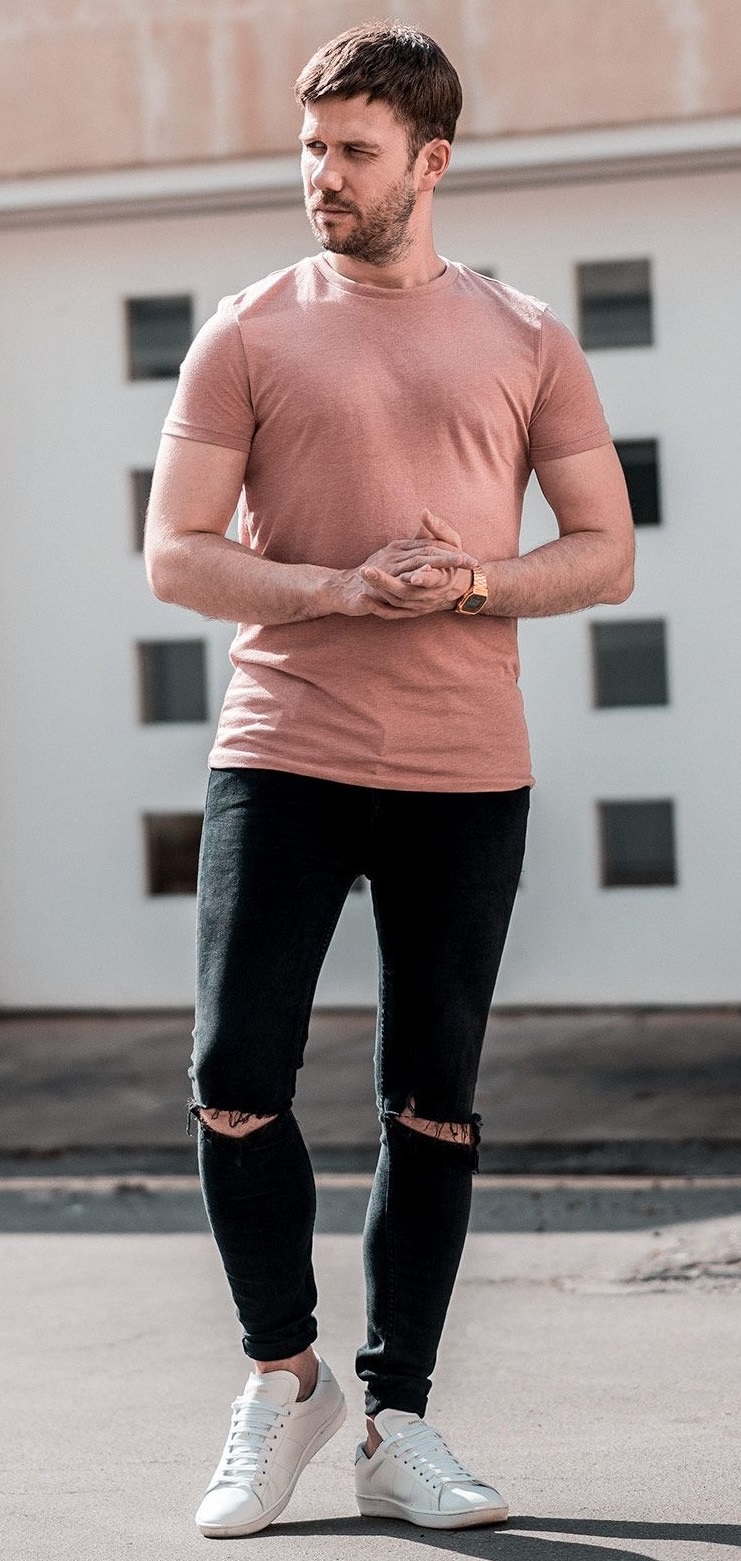 Pink Tshirt with black ripped jeans and white sneakers Pink Tshirt with black ripped jeans and white sneakers