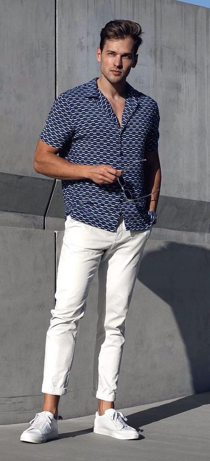 smart casual with blue shirt and white chinos and sneakers