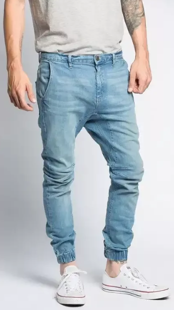 blue colored denim men's joggers